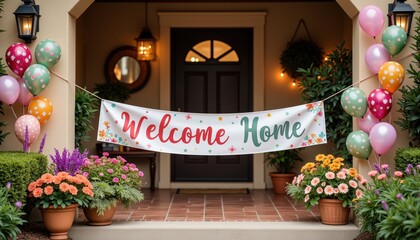 Colorful welcome home banner with festive balloons and lush flowers on a front porch