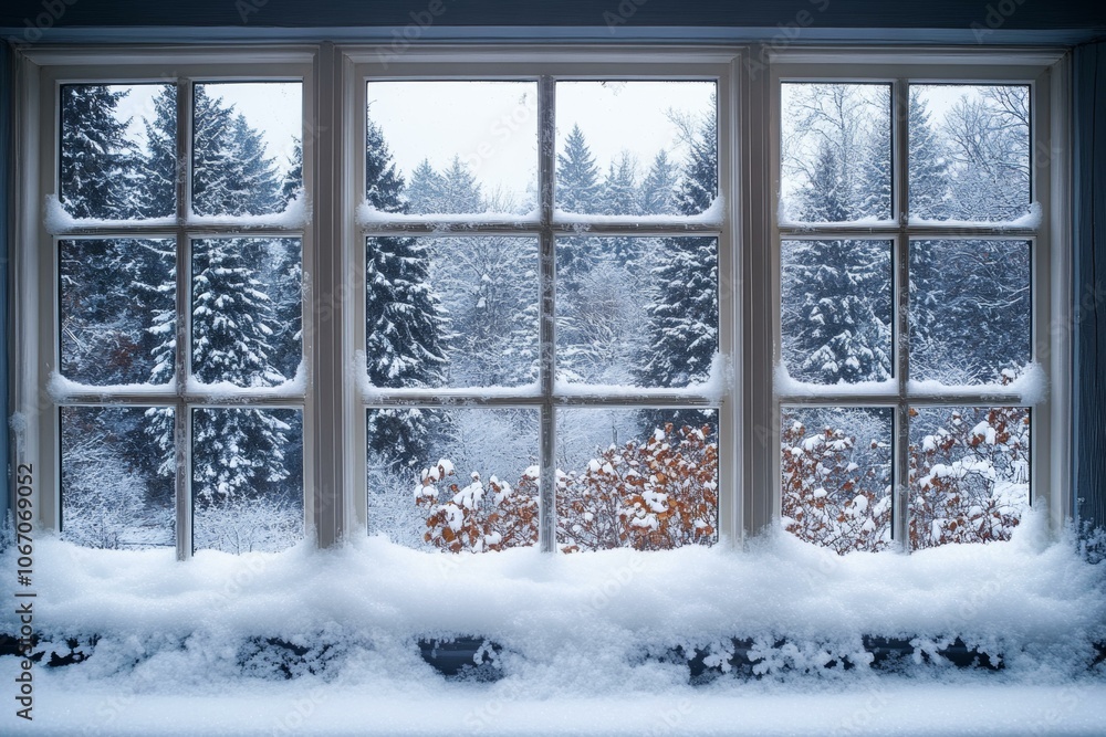Poster snow-covered window creating frosty, winter scene with icy patterns.