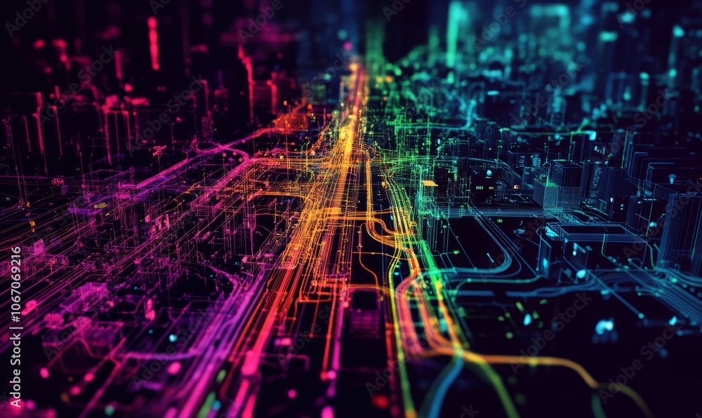 Poster heatmap of a city's public transit system, with vibrant colors showing the most heavily used routes 