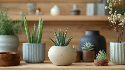 Modern rustic display of potted succulents on wooden surface