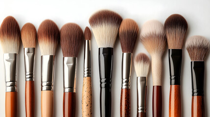 Assortment of various professional makeup brushes and applicators in different shapes,sizes,and colors arranged on a plain white background. Cosmetic tools for applying foundation,powder,blush.