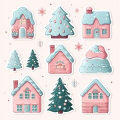 Whimsical festive gingerbread houses and trees with snowy details and pastel colors