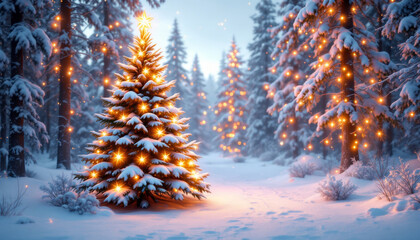Bright beautiful Merry Christmas tree in snowy ground