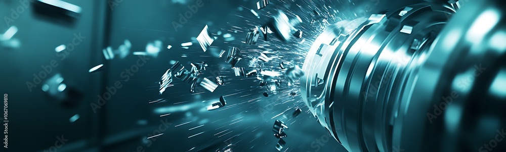 Poster a metallic lens shatters, sending shards scattering in a illuminated blue haze, capturing a moment o