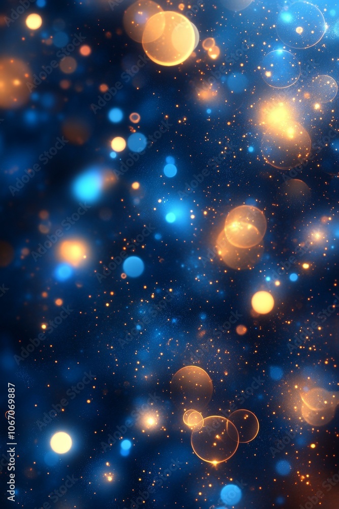Poster blue and gold background with overlapping circles and shimmering effect.