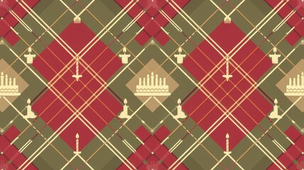 A tartan-style birthday pattern with intersecting lines in birthday-themed colors, featuring small cakes and candles
