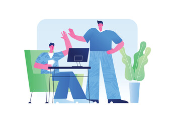 A scene depicting two men in an office setting. Vector illustration