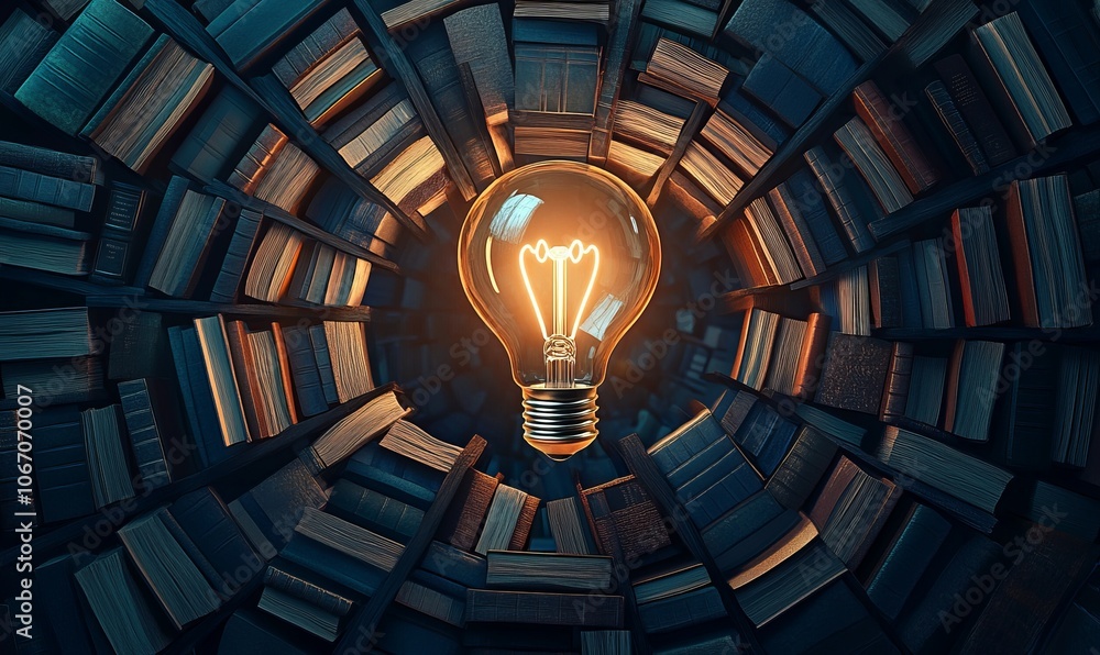 Poster ideas and knowledge concept image background with a glowing light bulb in middle of books in circle