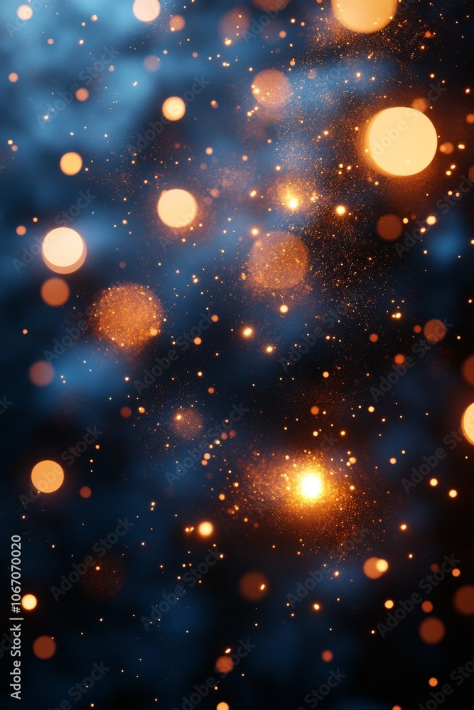 Poster blue and gold background with overlapping circles and shimmering effect.