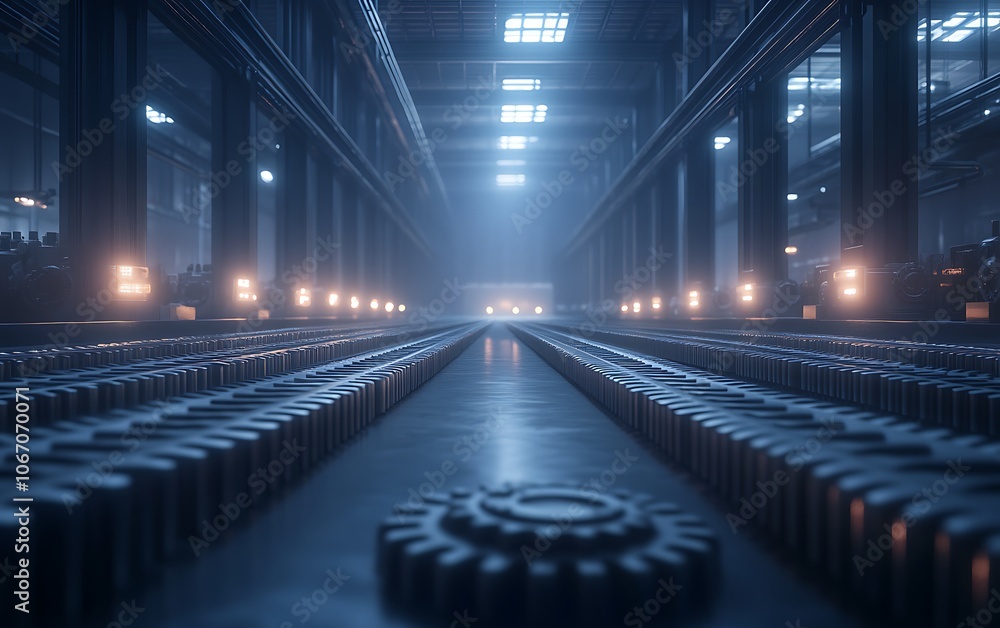 Poster a dimly lit industrial space featuring a line of gears on a conveyor, with soft lighting creating an
