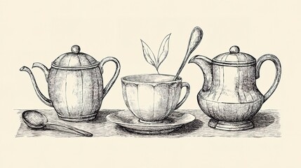 A line drawing of a tea set.