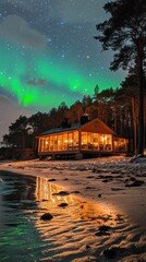 Fototapeta premium Illuminated Cabin on a Snowy Beach with Aurora Borealis and Stars