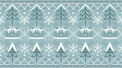 A Nordic-inspired birthday pattern with clean, symmetrical designs, including trees, snowflakes, and birthday cakes

