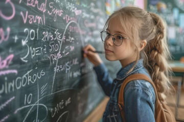 Student girl writing on the chalkboard in the classroom at school.