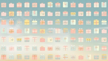 A grid-based birthday pattern with evenly spaced presents, balloons, and party hats, using pastel colors
