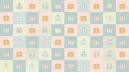 A grid-based birthday pattern with evenly spaced presents, balloons, and party hats, using pastel colors
