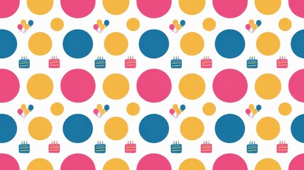 A polka dot-inspired birthday pattern with dots of different sizes and small icons of birthday cakes and balloons
