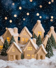 Fototapeta premium Snow-covered small town, cozy houses, winter wonderland scene.