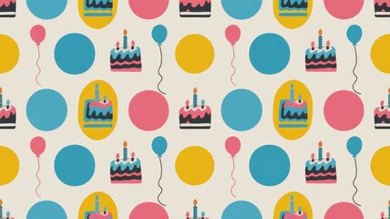 A polka dot-inspired birthday pattern with dots of different sizes and small icons of birthday cakes and balloons
