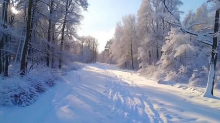 Fototapeta premium serene winter landscape featuring snow covered forest path illuminated by soft sunlight. trees are draped in fresh snow, creating tranquil and picturesque scene
