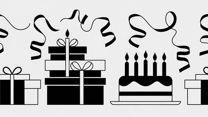 A monochrome birthday pattern with birthday presents, cakes, and streamers in black and white
