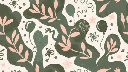 An organic birthday pattern with freeform shapes and natural elements like leaves and flowers, intertwined with party decorations
