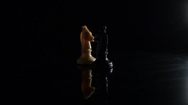 White and Black Horse Figures of Chess face by face with black environment