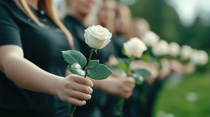 A heartfelt farewell with white roses held by mourners at a somber funeral gathering