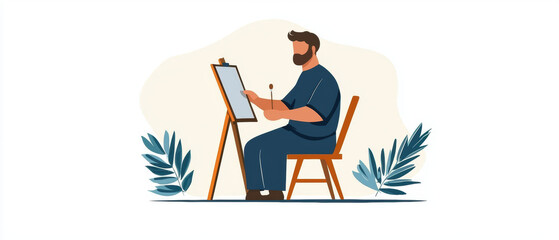 Fototapeta premium A man sitting at an easel, sketching, surrounded by decorative foliage, representing creativity and artistry.
