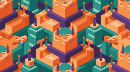A tessellating birthday pattern where repeating geometric shapes form birthday-related icons like cakes and candles
