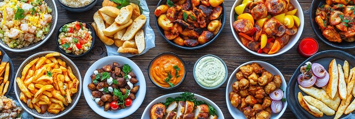 A spread of appetizing dishes and snacks is served on a rustic wooden table, tempting one’s taste buds.