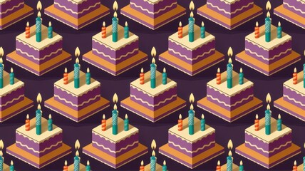 A tessellating birthday pattern where repeating geometric shapes form birthday-related icons like cakes and candles

