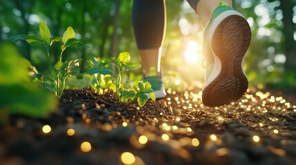 A woman jogs along a winding path in a vibrant park during the morning light