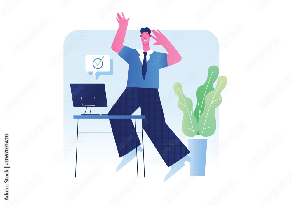 Poster a cheerful man in formal attire celebrates in an office setting with a computer and a plant. vector 