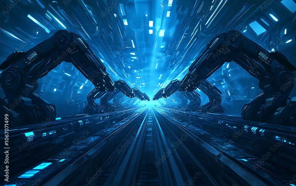 Poster A futuristic scene with robotic arms reaching toward a bright, illuminated core, set in a high-tech environment filled with dynamic blue light.