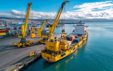 Fototapeta premium Cargo Ship at Port with Cranes