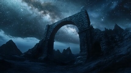 Fototapeta premium A stone archway under the milky way, fantasy style, medieval ruins, cinematic