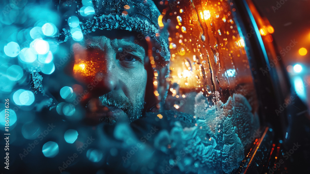Poster man gazes through frost covered car window, illuminated by colorful city lights. icy patterns create