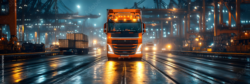 Poster Cargo Container Ship Docked at an Illuminated Seaport Terminal with Cranes and Containers During a Rainy Night. The Wet Pavement Reflects the Bright Lights of the Industrial Harbor Infrastructure.