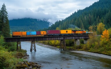 Colorful Freight Train Crosses a River Bridge