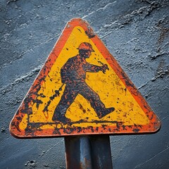 Rusty triangular sign featuring silhouette of a worker, signaling caution.