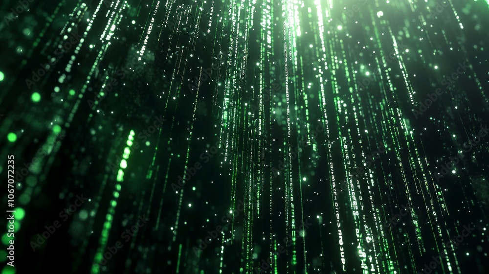 Poster a vibrant stream of green lights falls like digital rain. this stunning abstract design captures the