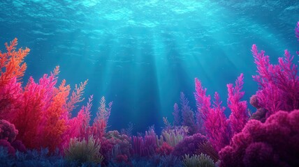 Fototapeta na wymiar A vibrant underwater scene featuring colorful coral reefs, illuminated by beams of sunlight filtering through the ocean surface.