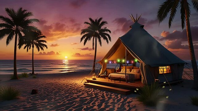 Cozy simple hut on the beach at sunset. Seamless 4K looping timelapse video animation background