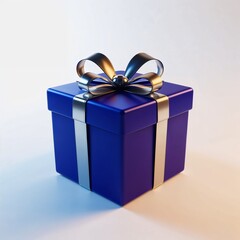 Obraz premium A royal blue square box with a silver ribbon, against a plain white background