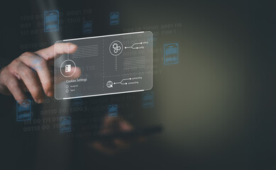 hand using computer laptop while choose to accept internet cookies policy or reject. Customer data...