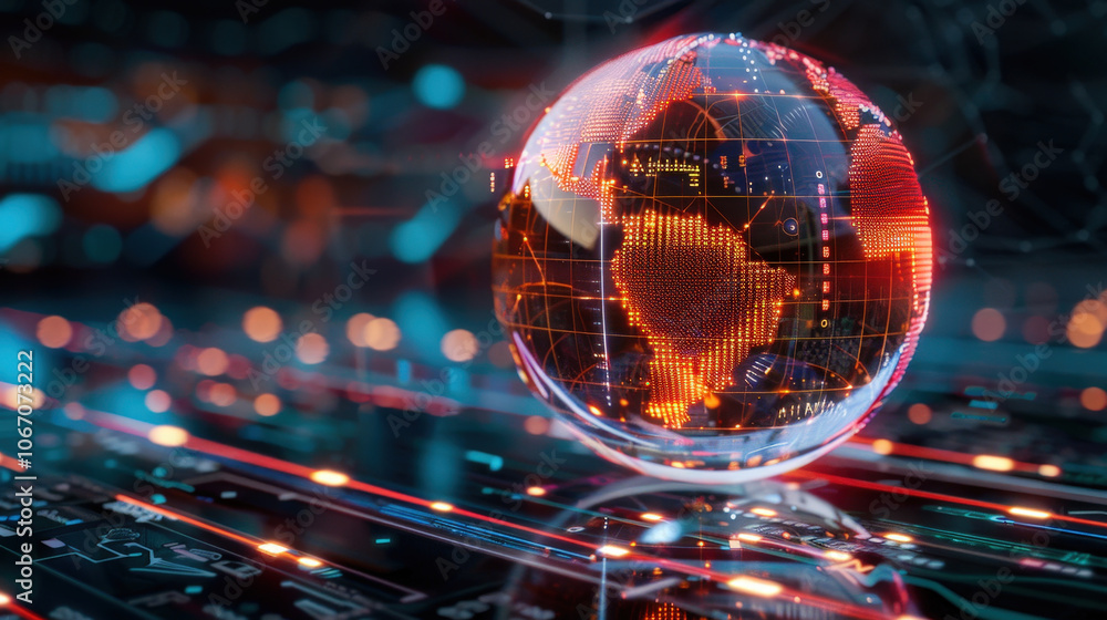 Poster futuristic digital globe representing global connectivity and technology, illuminated with vibrant c