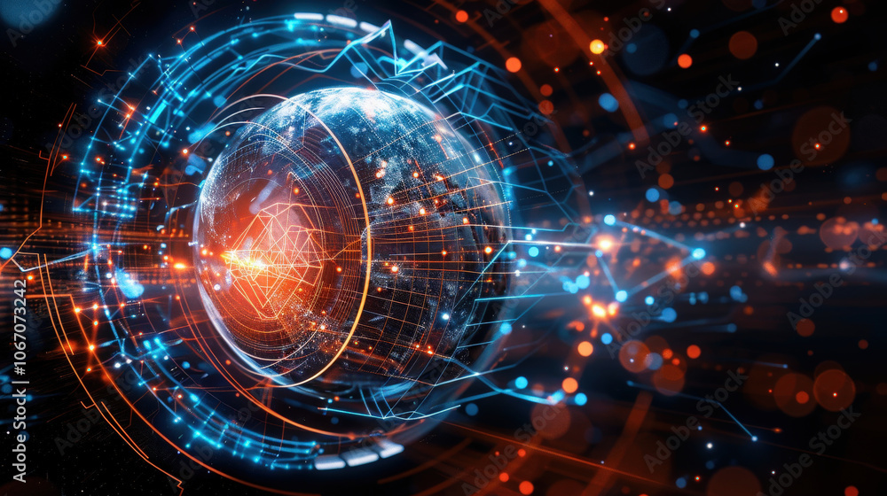 Poster futuristic digital globe with glowing lines and particles representing technology and innovation. th
