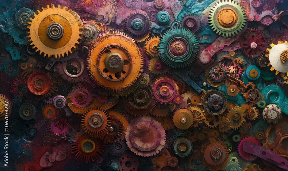 Poster intricate arrangement of colorful gears creating a dynamic and visually striking representation of m