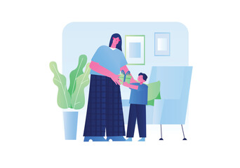 A mother smiles as she hands a gift to her child in a cozy room filled with plants and decorations. Vector illustration